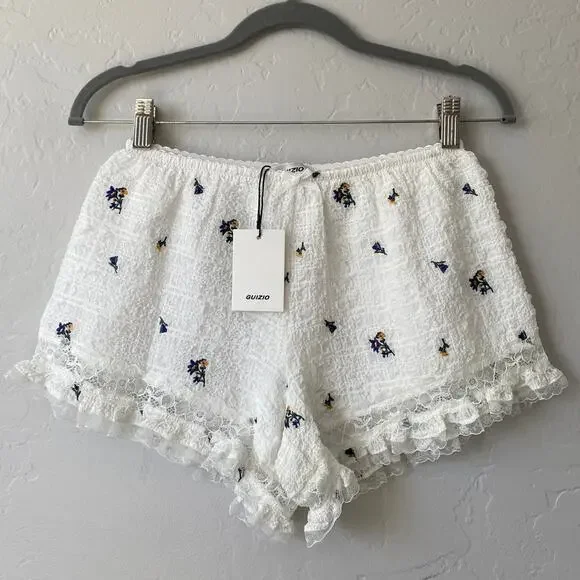 Guizio Vannetta White Embroidered Floral Seersucker Bloomer Size S